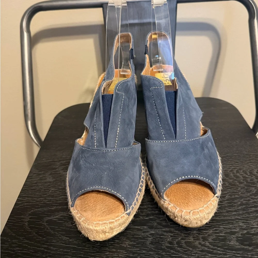 Kanna Spain Blue Leather Espadrille Wedge Sandals EU 37 US 6.5 Peep Toe